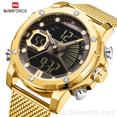 NAVIFORCE 9172 relojes deportivos impermeables para hombres, relojes de pulsera digitales militares con correa de acero de cuarzo dorado, reloj Masculino